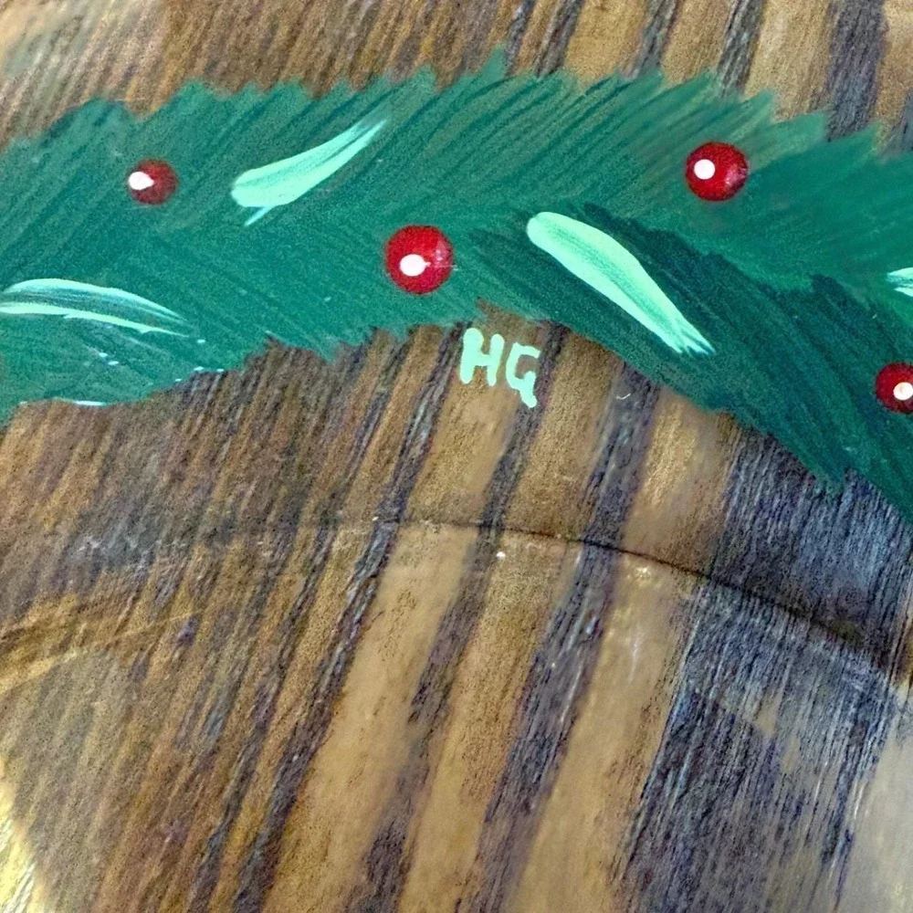 Hand Painted Glass Platter - Pine Wreath Berries - Signed HG - 13 Inch Charger